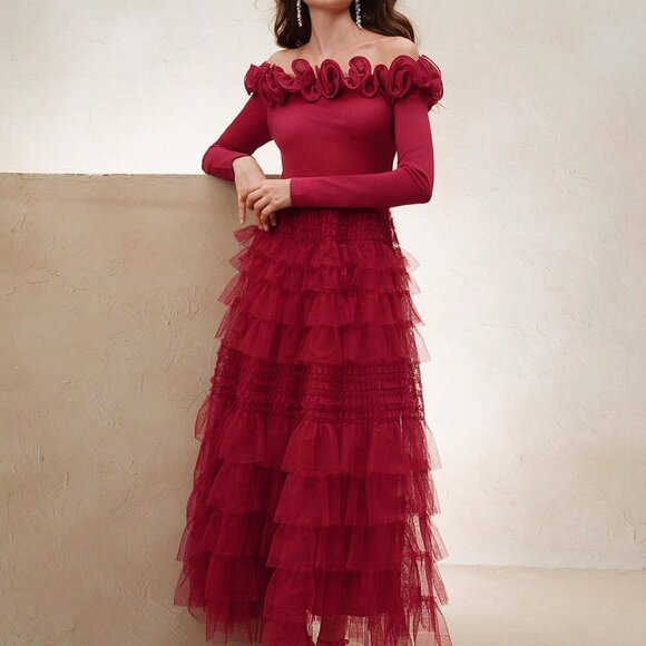 Red Chic Women's 3D Floral Long Sleeve V Neck Bodycon Party Dress - Picture 3 of 7